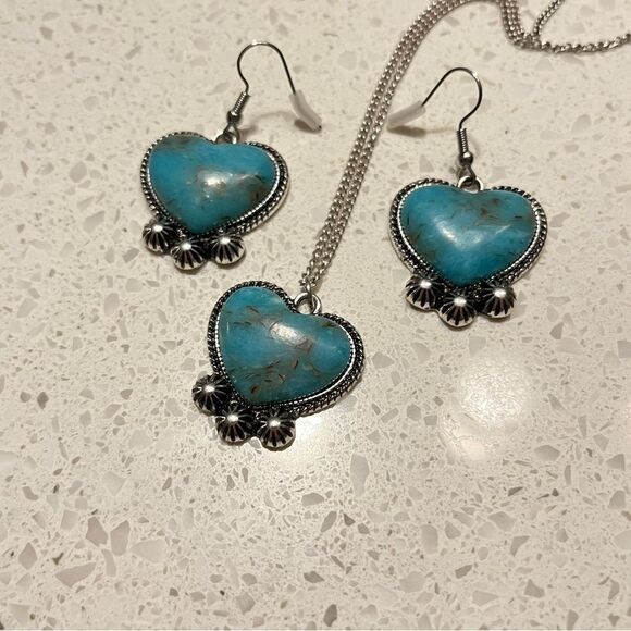 3 Pcs Fake Blue Turquoise Stone Decor heart Pendant Necklace Earring Jewelry Set - Picture 4 of 9